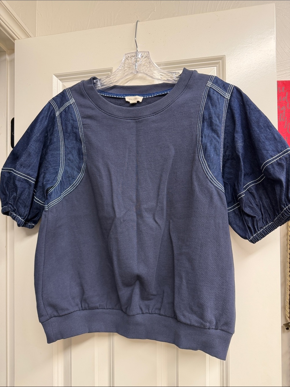 Pilcro Navy Twofer Denim Sleeve Sweatshirt Top